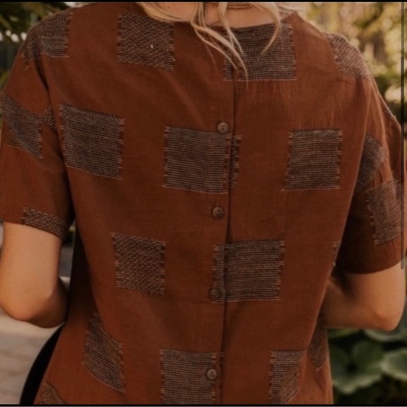 Roolee Wallace Button Back Patchworck Brown Short Sleeve Top Shirt Small Fall - Picture 3 of 6